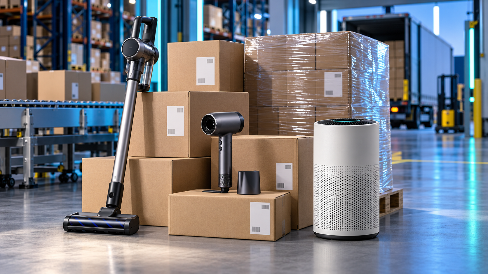Consumer appliances packed and staged in a distribution warehouse