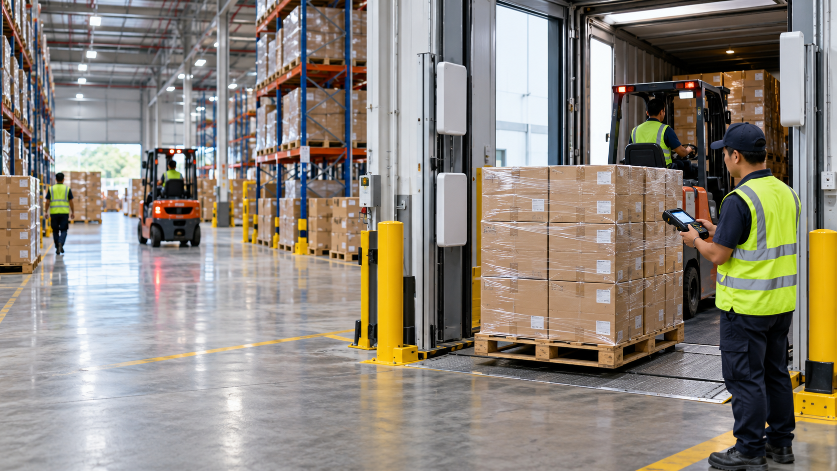 Fixed RFID reader gates beside a warehouse dock where pallet movement is captured