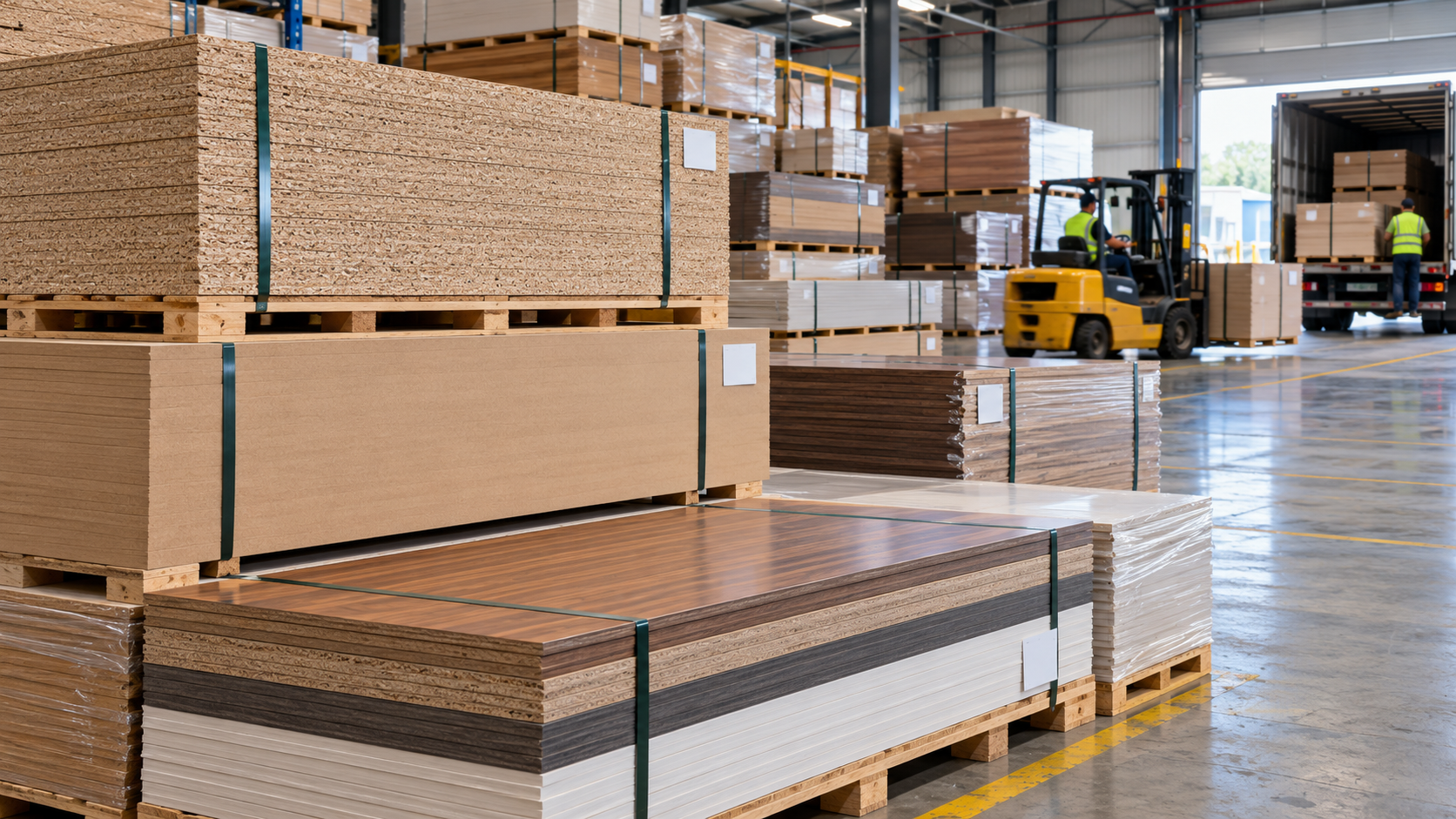 Engineered wood panels staged for warehouse dispatch