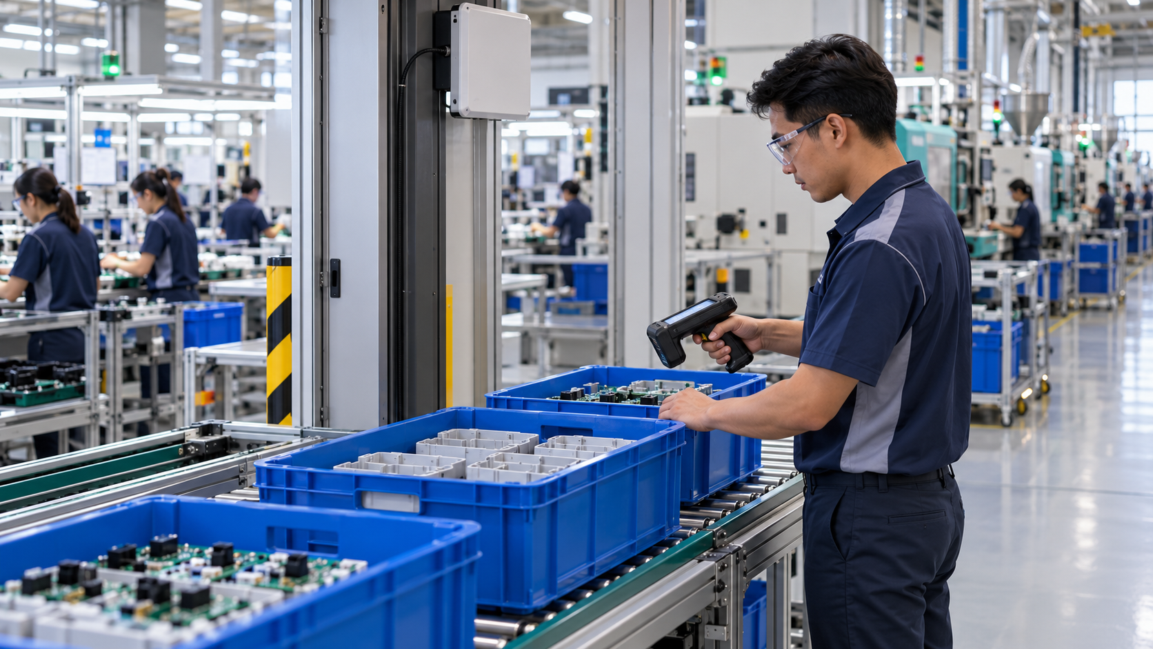 Factory operator using a handheld reader to check work-in-progress on a production floor