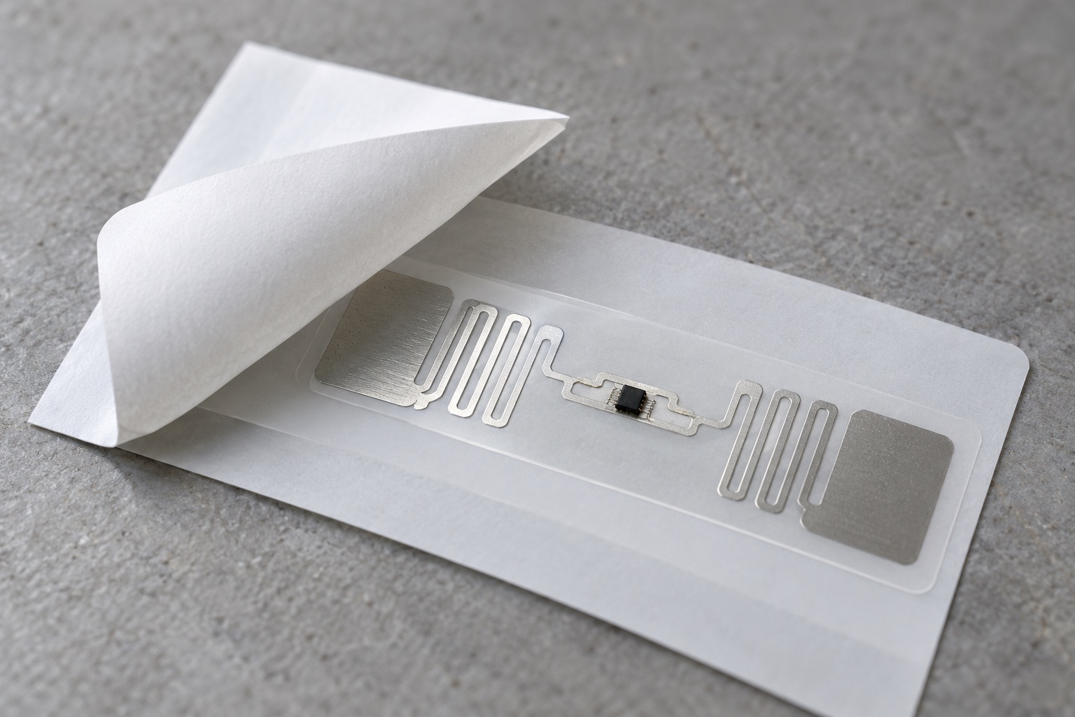 Close-up of a passive RFID inlay antenna and microchip beneath a label liner