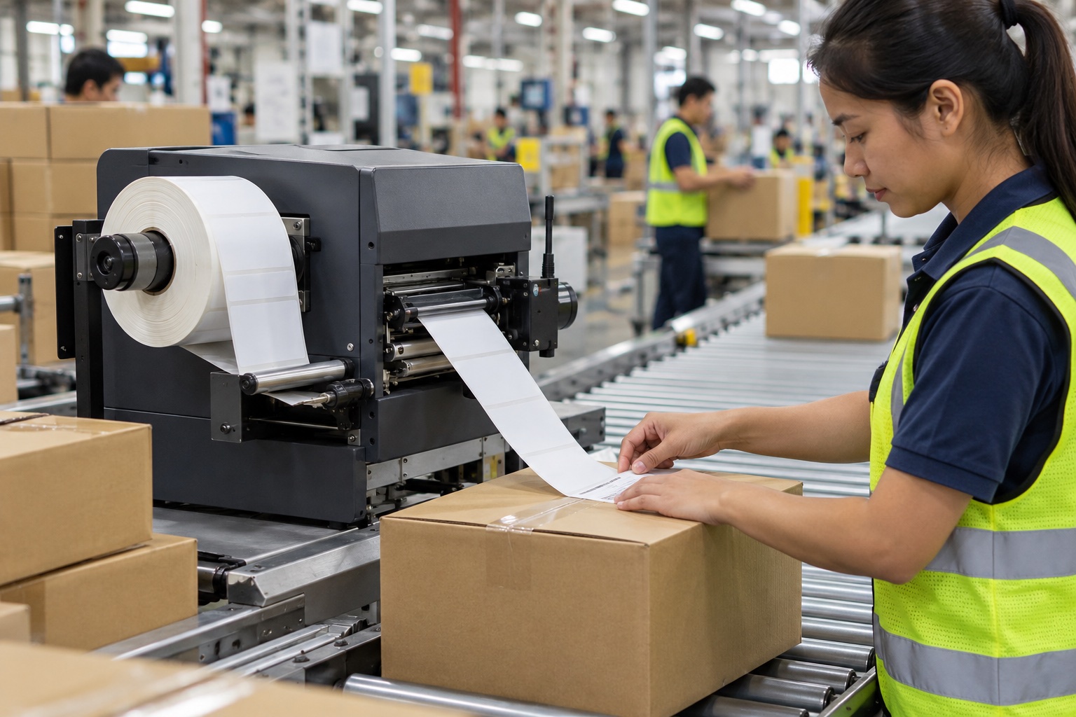 Operator applying a printed RFID label to a carton at a factory packing station